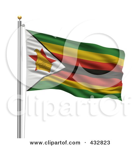 Royalty-Free (RF) Clipart Illustration of The Flag Of Zimbabwe Waving On A Pole by stockillustrations