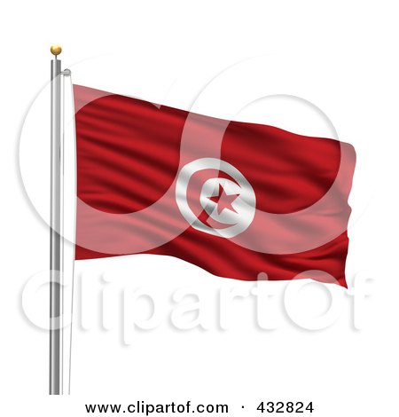 Royalty-Free (RF) Clipart Illustration of The Flag Of Tunisia Waving On A Pole by stockillustrations