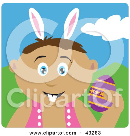 Clipart Illustration of a Latin American Boy Wearing Bunny Ears And Holding An Easter Egg by Dennis Holmes Designs