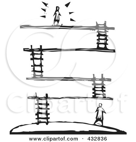 Royalty-Free (RF) Clipart Illustration of a Black And White Woodcut Styled Person On Top Of A Platform With Layers Below by xunantunich