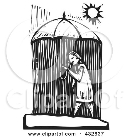 Royalty-Free (RF) Clipart Illustration of a Black And White Woodcut Styled Woman Walking Under An Umbrella And Getting Rained On by xunantunich
