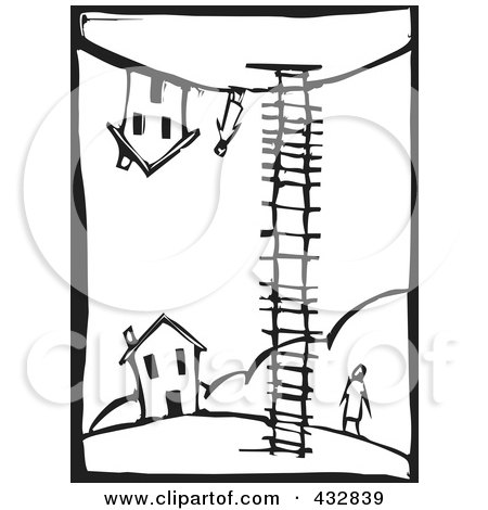 Royalty-Free (RF) Clipart Illustration of a Black And White Woodcut Styled Scene Of A Person Looking Up A Ladder At Someone By A House by xunantunich