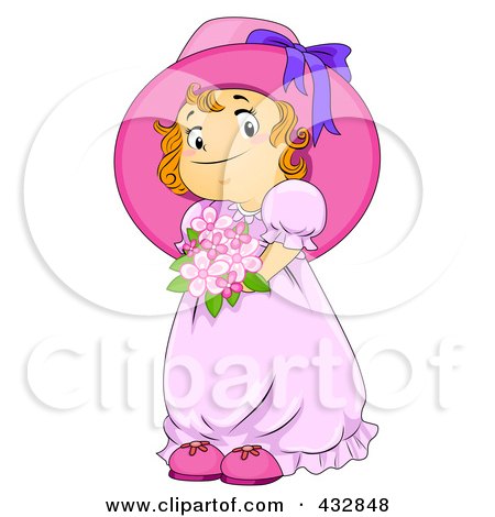 Royalty-Free (RF) Clipart Illustration of a Cute Girl In A Pink Dress And Hat, Holding Flowers by BNP Design Studio