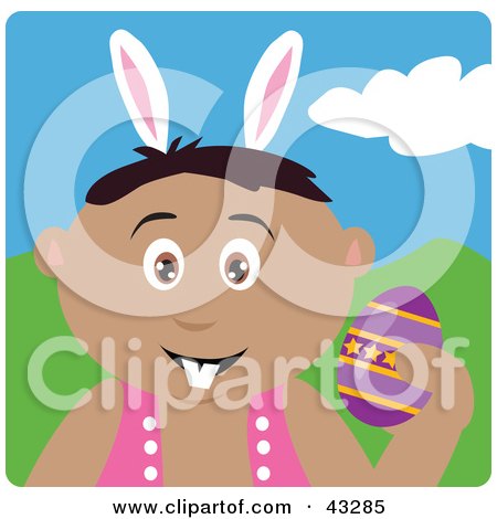 Clipart Illustration of a Hispanic Boy Wearing Bunny Ears And Holding An Easter Egg by Dennis Holmes Designs