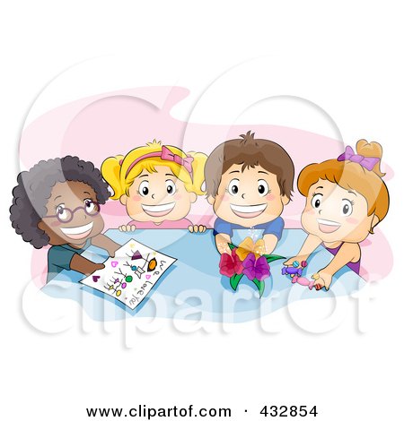 Royalty-Free (RF) Clipart Illustration of Happy Preschool Children Offering Drawings, Candy And Flowers At A Table Over Pink by BNP Design Studio