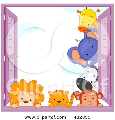 Royalty-Free (RF) Clipart Illustration of a Cute Animals Looking Around A Window Shutter And Over The Sill by BNP Design Studio
