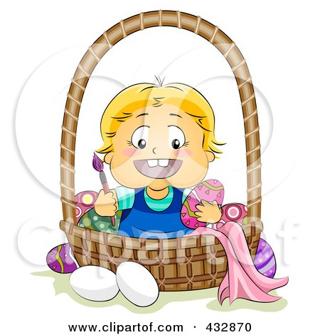Royalty-Free (RF) Clipart Illustration of a Happy Blond Baby Painting Easter Eggs In A Basket by BNP Design Studio