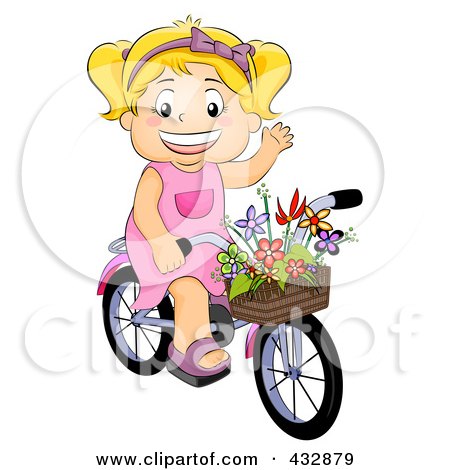 Royalty-Free (RF) Clipart Illustration of a Cute Girl Waving And Riding A Bike With Flowers In Her Basket by BNP Design Studio