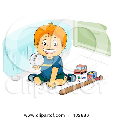 Royalty-Free (RF) Clipart Illustration of a Happy Boy Holding Up A Baseball In His Room by BNP Design Studio
