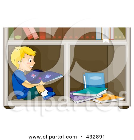 Royalty-Free (RF) Clipart Illustration of a Happy Boy Reading An Astronomy Book And Sitting In A Book Shelf by BNP Design Studio