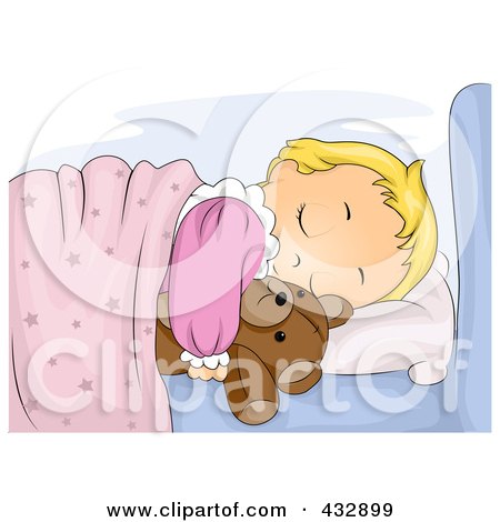 Royalty-Free (RF) Clipart Illustration of a Cute Girl Sleeping And Hugging Her Teddy Bear by BNP Design Studio