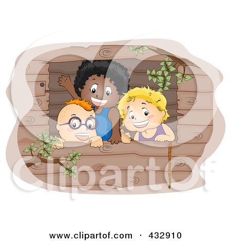 Royalty-Free (RF) Clipart Illustration of Three Boys Waving From A Window In A Tree House by BNP Design Studio
