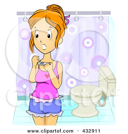 Royalty-Free (RF) Clipart Illustration of a Shocked Teenage Girl Holding A Pregnancy Test In A Bathroom by BNP Design Studio