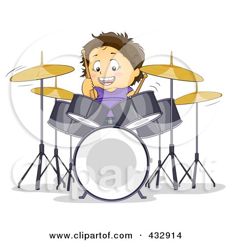 Royalty-Free (RF) Clipart Illustration of a Happy Boy Learning To Play The Drums by BNP Design Studio