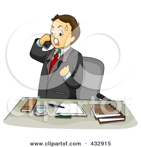 Royalty-Free (RF) Clipart Illustration of an Irate Businessman Talking On A Cell Phone By His Office Desk by BNP Design Studio