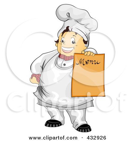 Royalty-Free (RF) Clipart Illustration of a Chubby Chef Holding Out A Blank Menu Board by BNP Design Studio