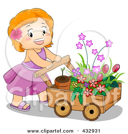 Royalty-Free (RF) Clipart Illustration of a Cute Girl Pushing A Cart Of Flowers by BNP Design Studio