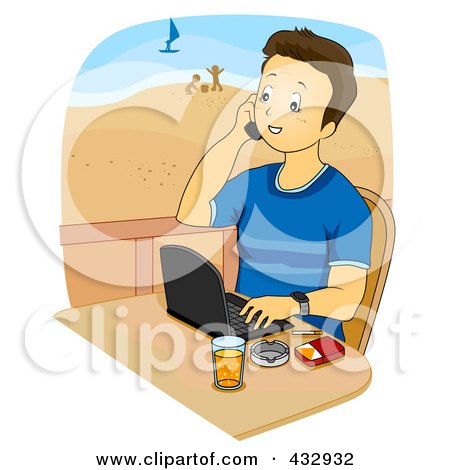 Royalty-Free (RF) Clipart Illustration of a Young Man Talking On A Cell Phone And Using A Laptop On A Beach Balcony by BNP Design Studio