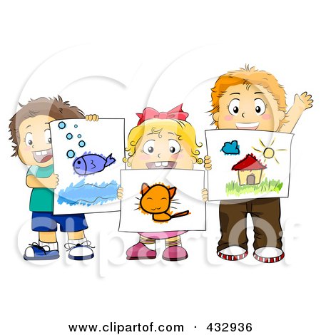 Royalty-Free (RF) Clipart Illustration of Preschool Kids Holding Up Their Art by BNP Design Studio