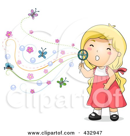 Royalty-Free (RF) Clipart Illustration of a Blond Girl Blowing Floral Bubbles by BNP Design Studio