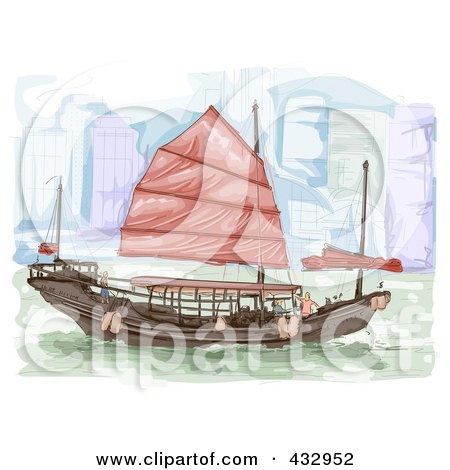 Royalty-Free (RF) Clipart Illustration of a Sketched Boat In Hong Kong by BNP Design Studio