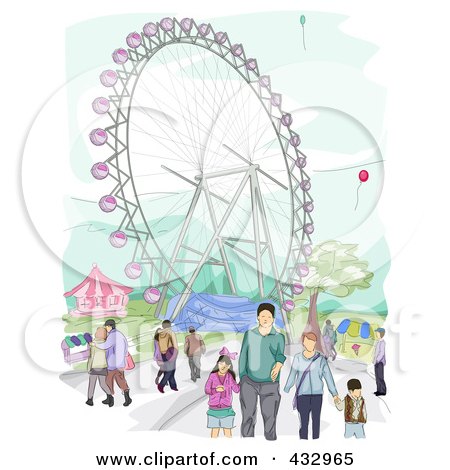 Royalty-Free (RF) Clipart Illustration of a Sketch Of A Family In An Amusement Park by BNP Design Studio