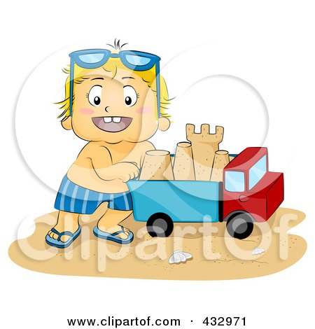 Royalty-Free (RF) Clipart Illustration of a Happy Boy Pushing A Sand Castle In A Dump Truck Toy On A Beach by BNP Design Studio