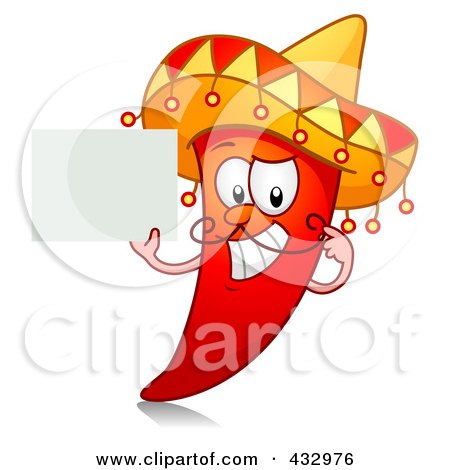 Royalty-Free (RF) Clipart Illustration of a Red Hot Chili Pepper Character Holding A Blank Sign by BNP Design Studio