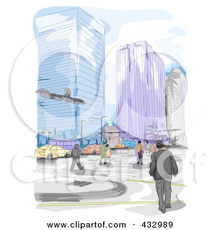 Royalty-Free (RF) Clipart Illustration of a Sketch Of People Walking In A City by BNP Design Studio