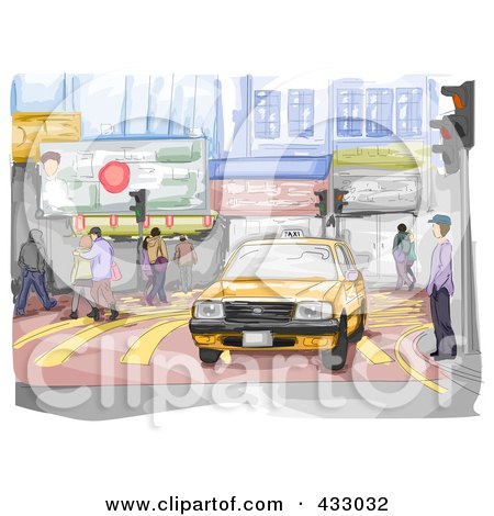 Royalty-Free (RF) Clipart Illustration of a Sketch Of A Taxi On An Urban Street by BNP Design Studio