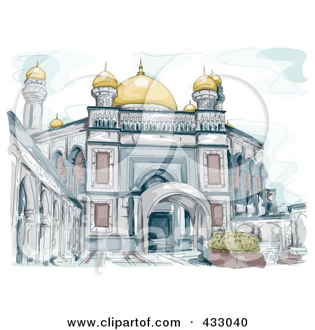 Royalty-Free (RF) Clipart Illustration of a Sketch Of The Mosque In Brunei Over Blue by BNP Design Studio