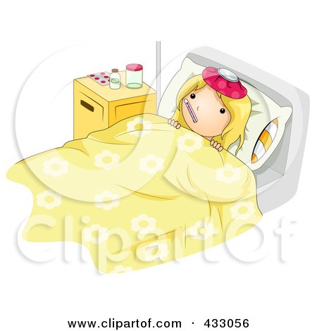 Royalty-Free (RF) Clipart Illustration of a Sick Girl Taking Her Temperature In Bed by BNP Design Studio
