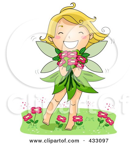 Royalty-Free (RF) Clipart Illustration of a Happy Spring Fairy Holding Flowers by BNP Design Studio