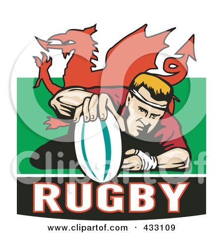 Royalty-Free (RF) Clipart Illustration of a Rugby Man Grounding The Ball Over A Whales Flag by patrimonio