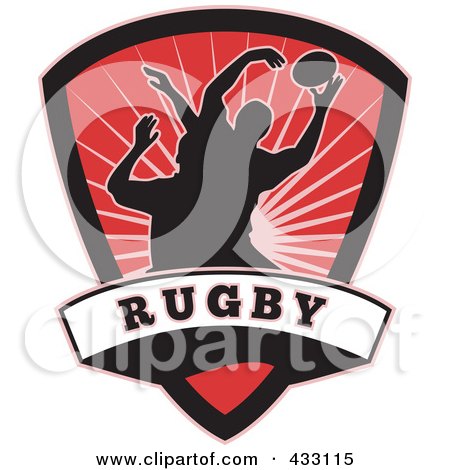 Royalty-Free (RF) Clipart Illustration of Silhouetted Rugby Men Over A Red Shield by patrimonio