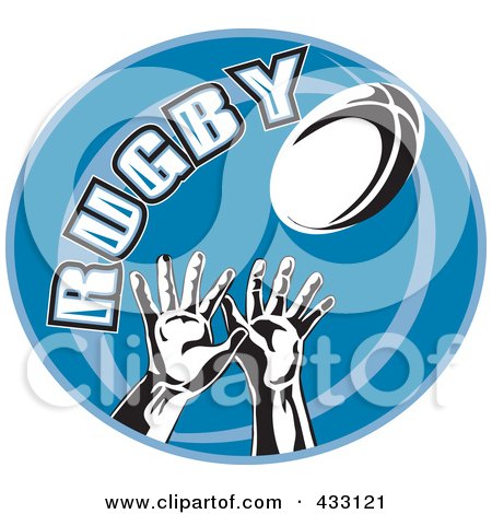 Royalty-Free (RF) Clipart Illustration of a Hands Reaching For A Rugby Ball On A Blue Oval by patrimonio