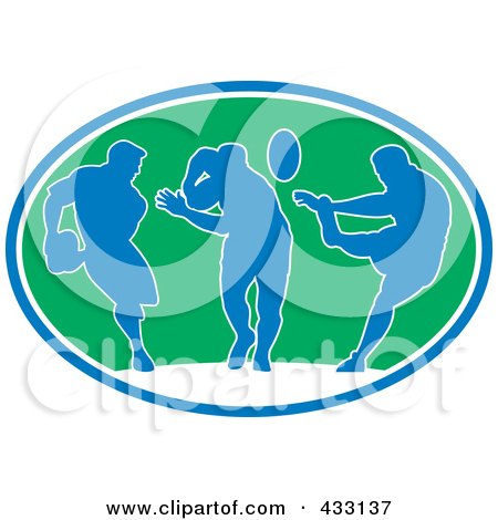 Royalty-Free (RF) Clipart Illustration of Blue Silhouetted Rugby Players In A Green Oval by patrimonio