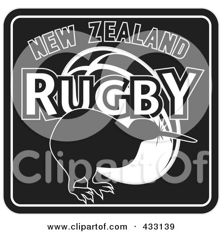 Royalty-Free (RF) Clipart Illustration of a Black And White New Zealand Kiwi Bird Rugby Sign by patrimonio