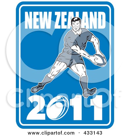 Royalty-Free (RF) Clipart Illustration of a Rugby Man On A Blue New Zealand 2011 Sign by patrimonio