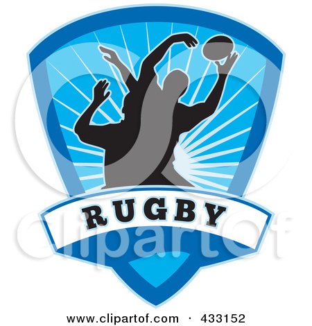 Royalty-Free (RF) Clipart Illustration of Silhouetted Rugby Men Over A Blue Shield by patrimonio