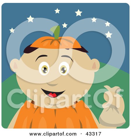 Clipart Illustration of a Mexican Boy Trick Or Treating On Halloween In A Pumpkin Costume by Dennis Holmes Designs