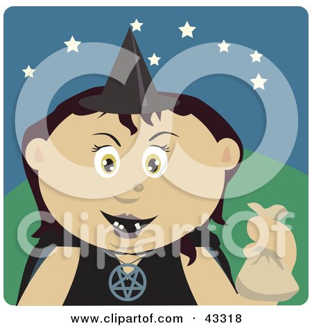 Clipart Illustration of a Mexican Girl Trick Or Treating On Halloween In A Witch Costume by Dennis Holmes Designs