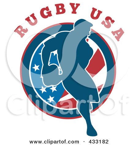 Royalty-Free (RF) Clipart Illustration of a Rugby Man Passing Over A Round American Flag by patrimonio