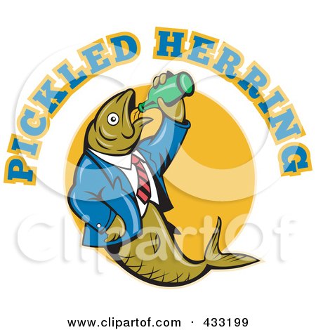 Royalty-Free (RF) Clipart Illustration of a Drinking Fish Under Pickled Herring Text by patrimonio
