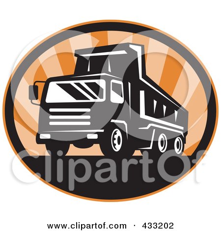 Royalty-Free (RF) Clipart Illustration of a Retro Dumptruck Logo With Orange Rays by patrimonio