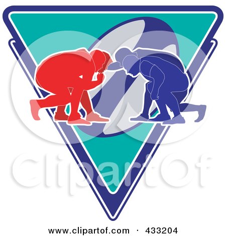 Royalty-Free (RF) Clipart Illustration of Silhouetted Crouched Rugby Players Over A Triangle by patrimonio
