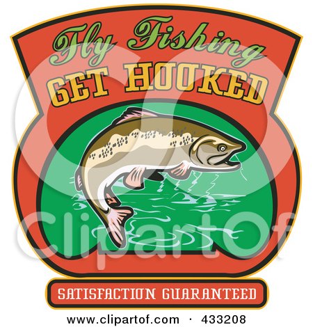 Royalty-Free (RF) Clipart Illustration of a Trout With Fly Fishing Get Hooked Text by patrimonio