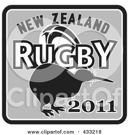 Royalty-Free (RF) Clipart Illustration of a Black And Gray New Zealand Kiwi Bird Rugby Sign by patrimonio
