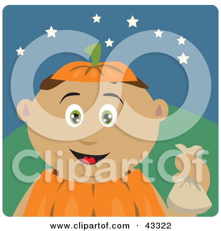 Clipart Illustration of a Latin American Boy Trick Or Treating On Halloween In A Pumpkin Costume by Dennis Holmes Designs