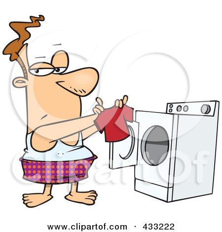 Royalty-Free (RF) Clipart Illustration Of A Caucasian Man Holding A Tiny Shirt Fresh Out Of The Dryer by toonaday